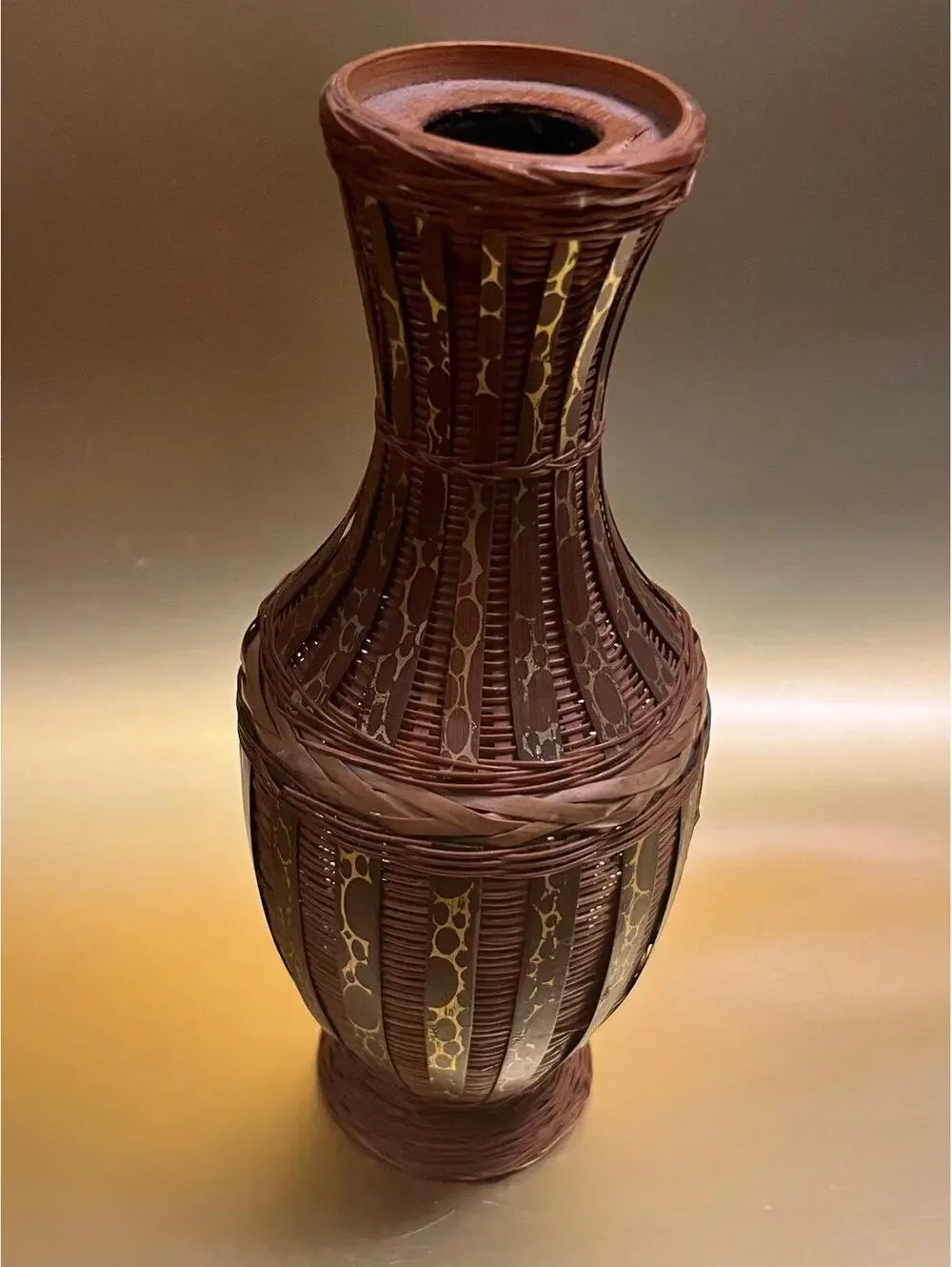 Vintage Wood & Rattan Wicker Vase Candle Holder with Golden Maroon Green Accents